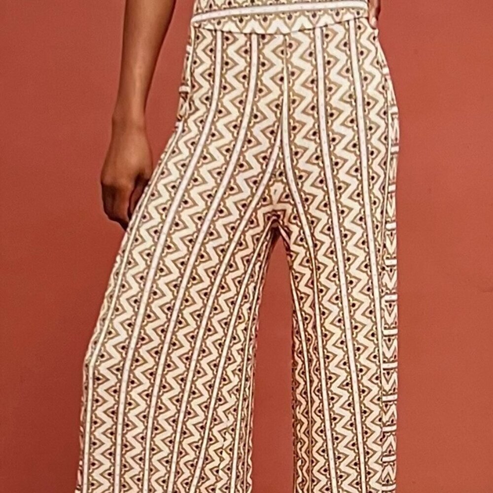 FARM Rio Geometric Pattern Wide Leg Pants - Cream and Brown